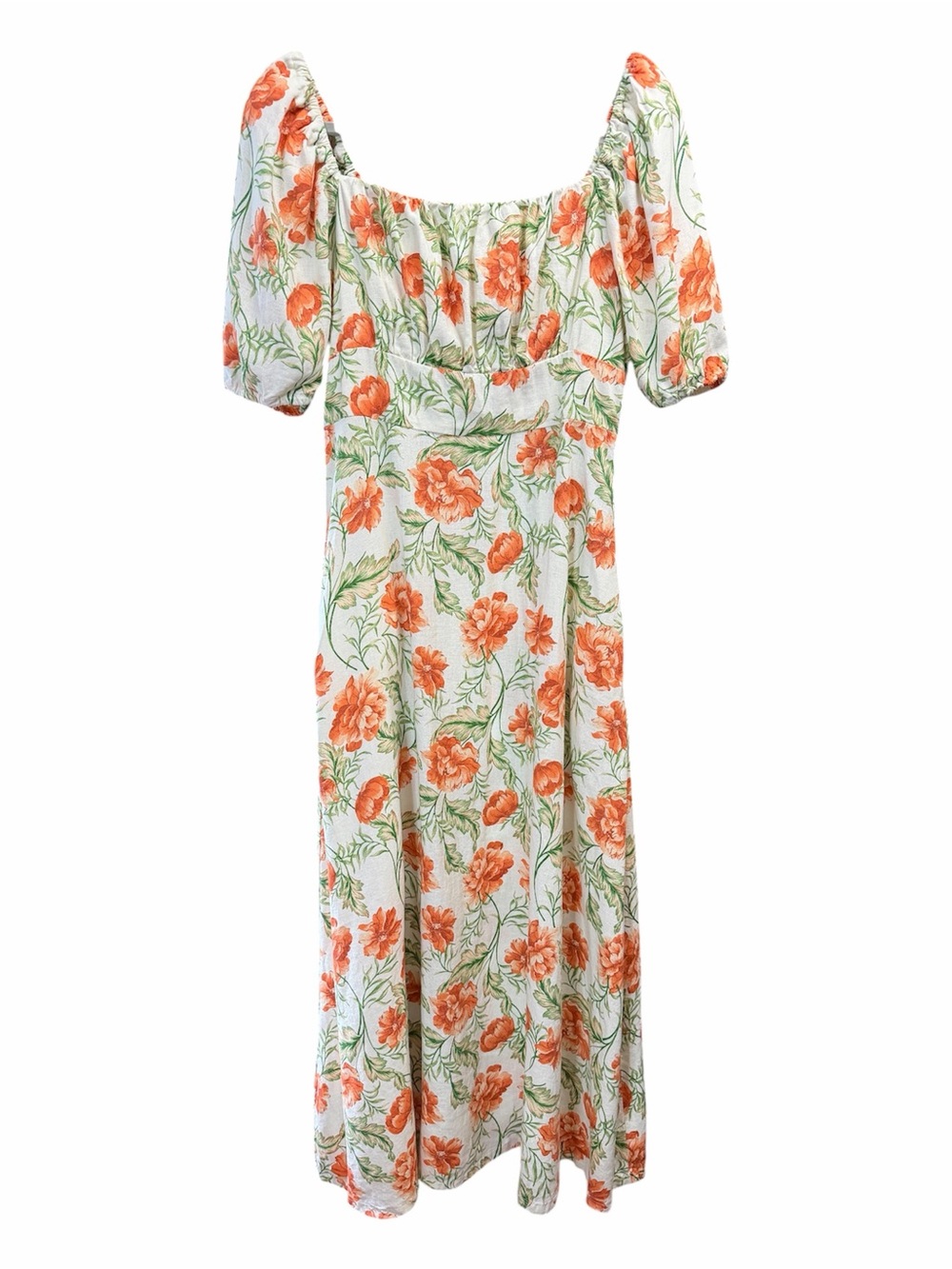 Joie Midi Dress with Orange Floral Print and Puff Sleeves